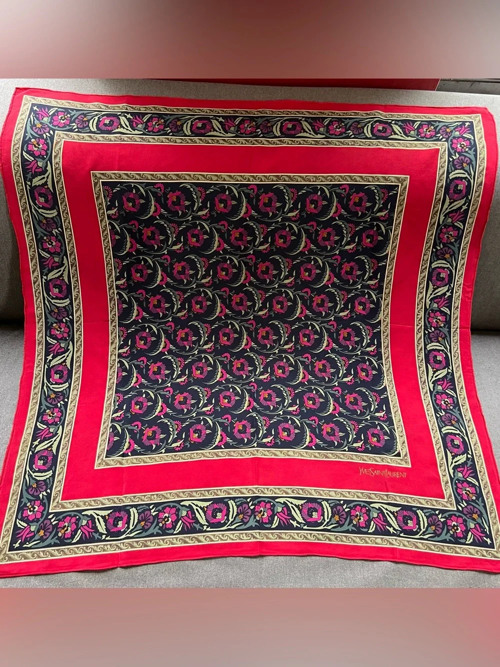 Yves Saint Laurent Vintage Silk Scarf Floral Print Square Shawl Red Pink Navy